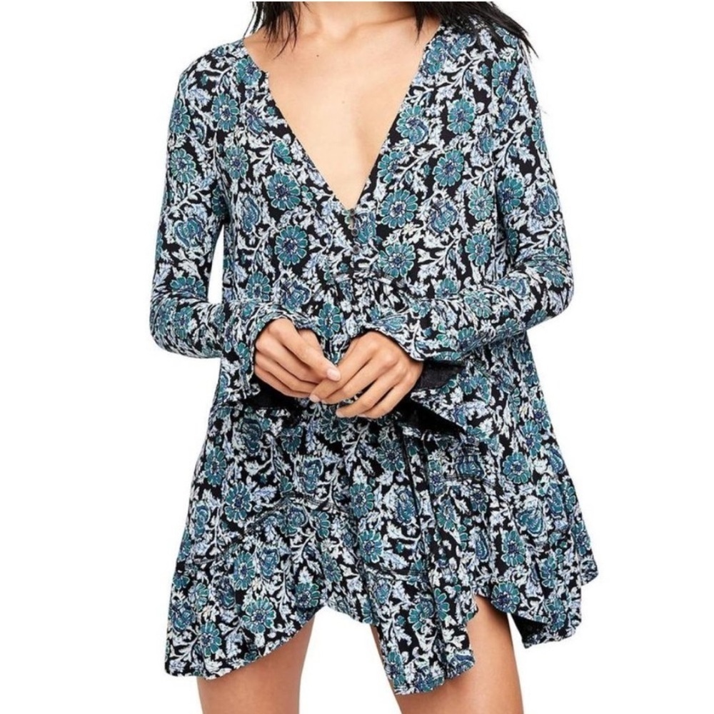Free People Women Size XS Tunic Long Sleeve Top Olivia Black‎ Floral Mini Dress